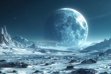 mystical moonrise over icy alien landscape with towering mountains and starry sky