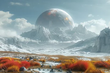 Poster mystical landscape with towering mountains, red foliage, and a giant planet in the sky © BelhoMed