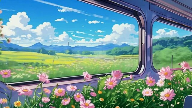 train journey scenic countryside. Fields of flowers pass by the window as the train chugs along. Inside, passengers read, draw, or simply gaze out at the passing landscape, cute Lofi looping animation