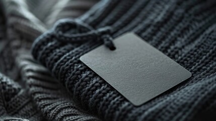 A black empty label without an inscription lies on a folded black sweater