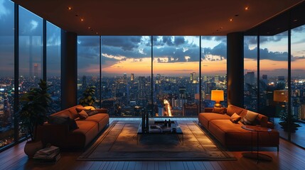 Upscale Penthouse with Panoramic Cityscape, generative ai - obrazy, fototapety, plakaty