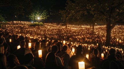 People sing the national anthem and hold candles at night, - obrazy, fototapety, plakaty