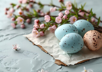 Fototapeta premium Easter invitation, greeting template, gentle spring blossom and pastel colour easter eggs