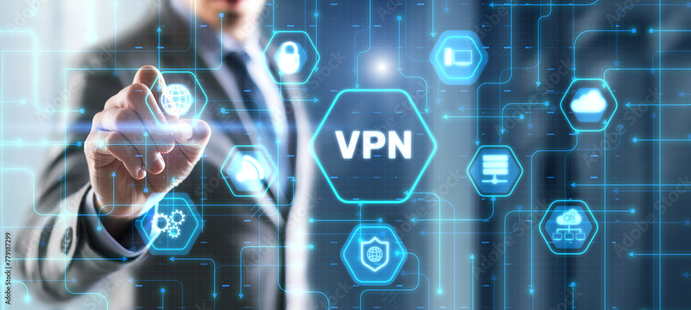 Poster businessman presses a button vpn. network security internet privacy encryption concept