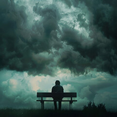 A silhouette of a person sitting alone on a bench, surrounded by dark clouds, symbolizing feelings of isolation and depression. ultra realitic style  - obrazy, fototapety, plakaty