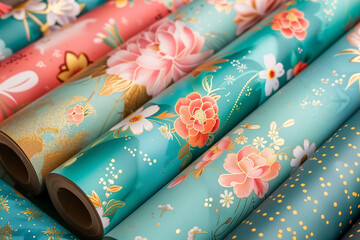 Wrapping Paper Rolls: Floral Patterns, Blue, Turquoise, Pink, Golden Accents: Elegant Rolls of Gift Wrapping Paper for Presents, Celebrations, Weddings, Birthday, Christmas, Mother's Day