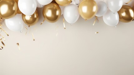Birthday Background with Gold and White Balloons, Large Copyspace Area, Off-Center Composition