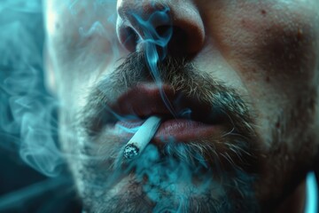 Close up of a person smoking a cigarette, suitable for lifestyle or addiction concepts - obrazy, fototapety, plakaty