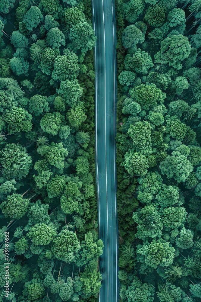 Poster aerial view of a road cutting through a dense forest. suitable for nature and travel concepts