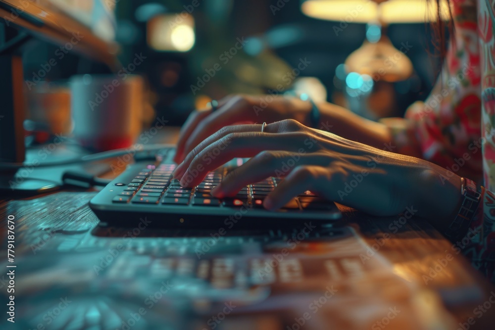 Aufkleber Close up image of a person typing on a keyboard. Suitable for technology and workplace concepts