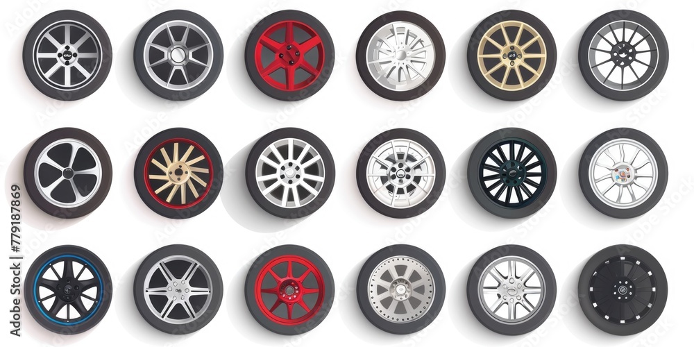Poster collection of different types of wheels on a clean white background. ideal for industrial and transp