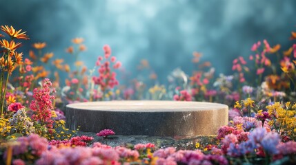 Round podium in the garden with colorful flowers.