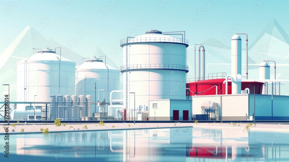 Poster a factory with a pool in front of it. suitable for industrial and architectural concepts