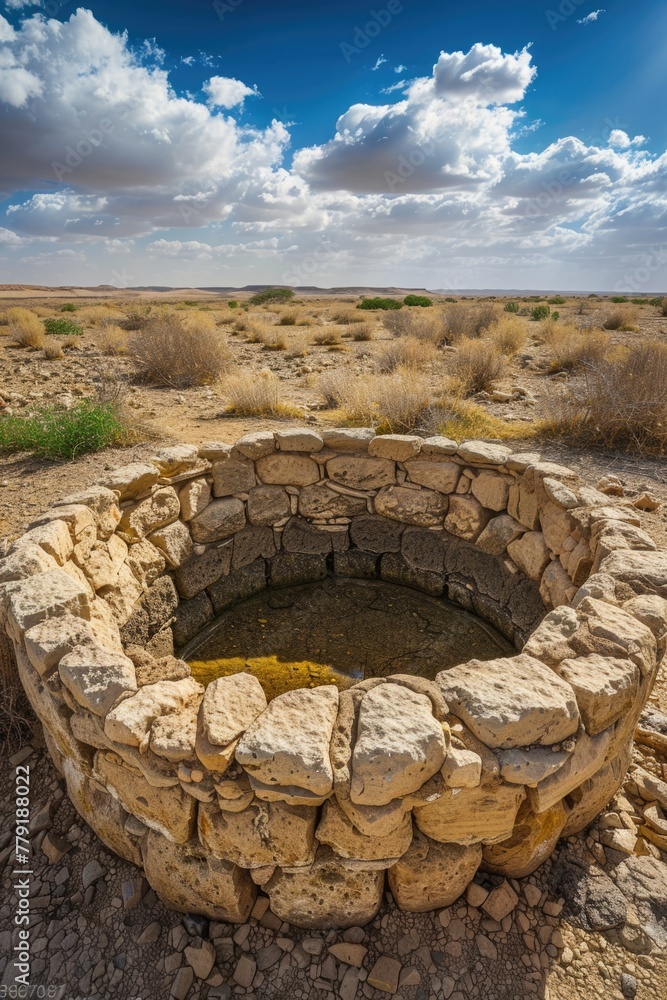 Poster a well in the middle of the desert, suitable for various themes and projects