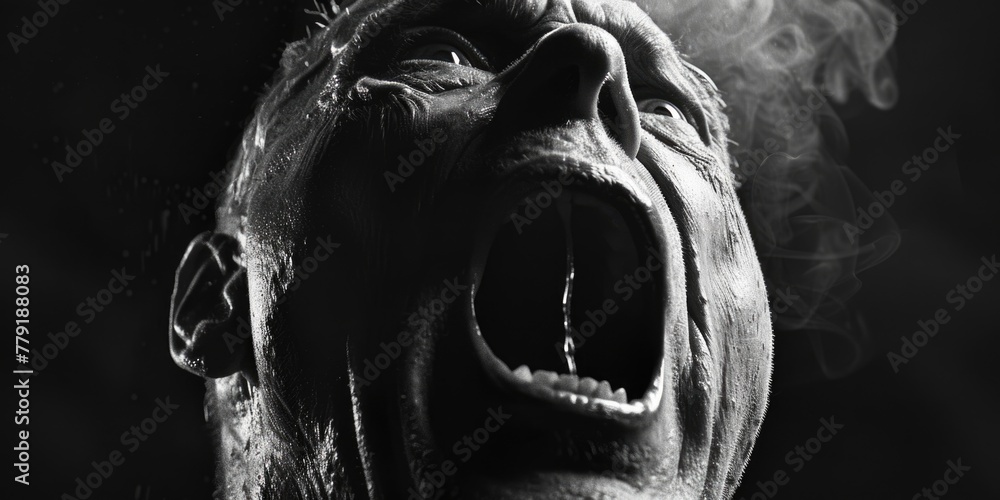 Poster a black and white photo of a man with his mouth open. suitable for various projects