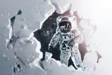 An astronaut in a white space suit breaking through a white, fragmented surface against a starry space backdrop. Astronaut Breaking Through Conceptual Barrier