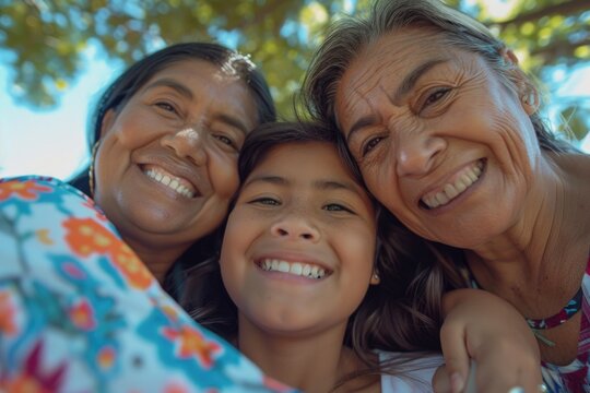 Three women of different ages smiling at the camera. Suitable for family and generations concepts