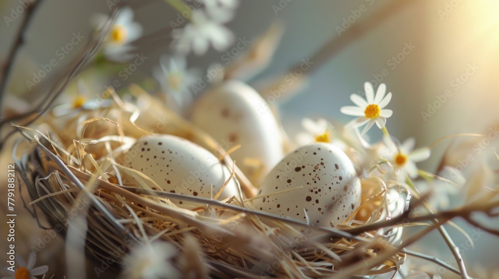 Poster Close up of a nest with eggs and flowers, ideal for nature and spring concepts
