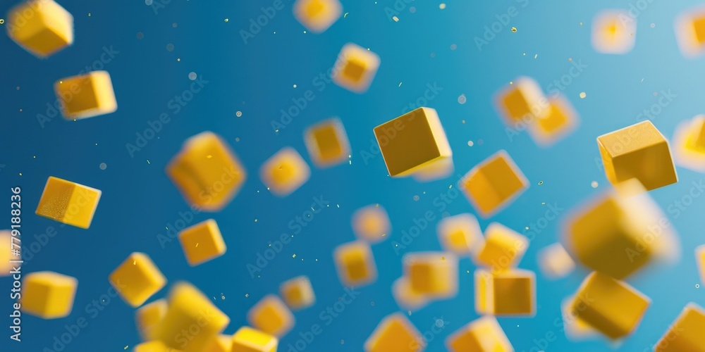 Poster a bunch of yellow cubes floating in the air. perfect for abstract backgrounds