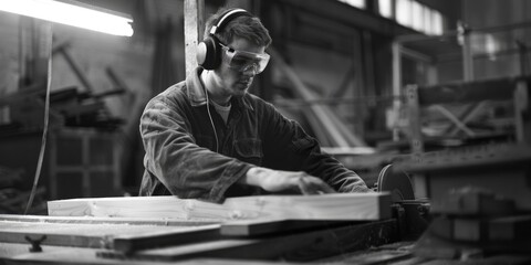 A man is working on a piece of wood. Suitable for carpentry or DIY projects