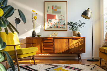 A bright and airy midcentury modern living room with wooden furniture, a yellow armchair, a carpeted floor, wall art on the walls, a vintage sideboard cabinet, green plants in vases, a lamp, sunlight.