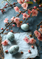 Obraz premium Easter invitation template, gentle spring blossom and pastel colour easter eggs