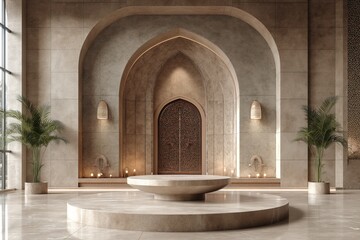 Fototapeta premium Interior of a empty mosque with marble floor and arches. 