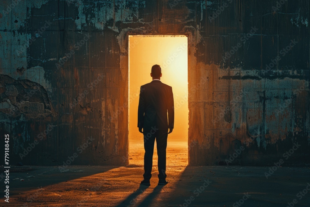 Poster A man standing in front of an open door, suitable for various concepts and designs