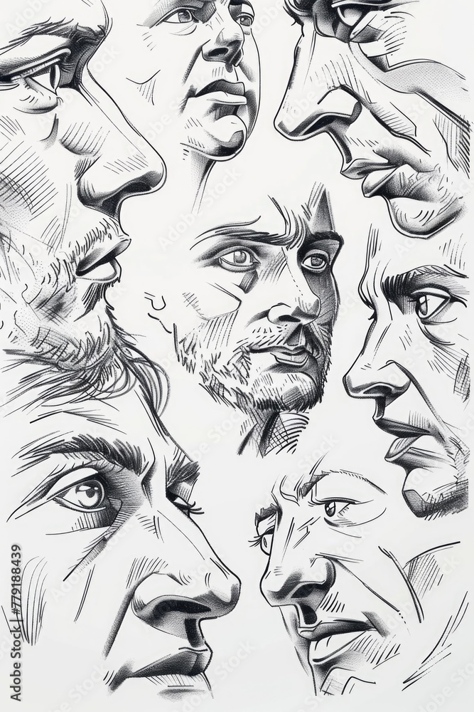 Poster a drawing of a man's face showing different emotions, suitable for a variety of uses