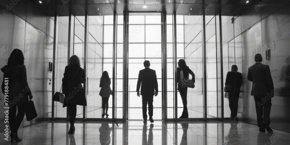 Poster black and white photo of people in a building. suitable for various design projects