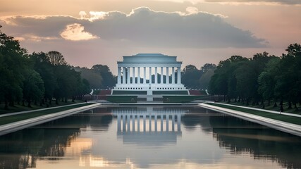Serene Dawn at Lincoln Memorial Reflection Pool. Concept Sunrise Photography, National Mall, Historic Landmarks, Washington DC, Peaceful Morning