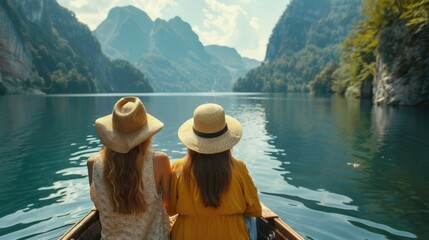 Two women enjoying a peaceful boat ride on a serene lake. Ideal for travel and leisure concepts - obrazy, fototapety, plakaty