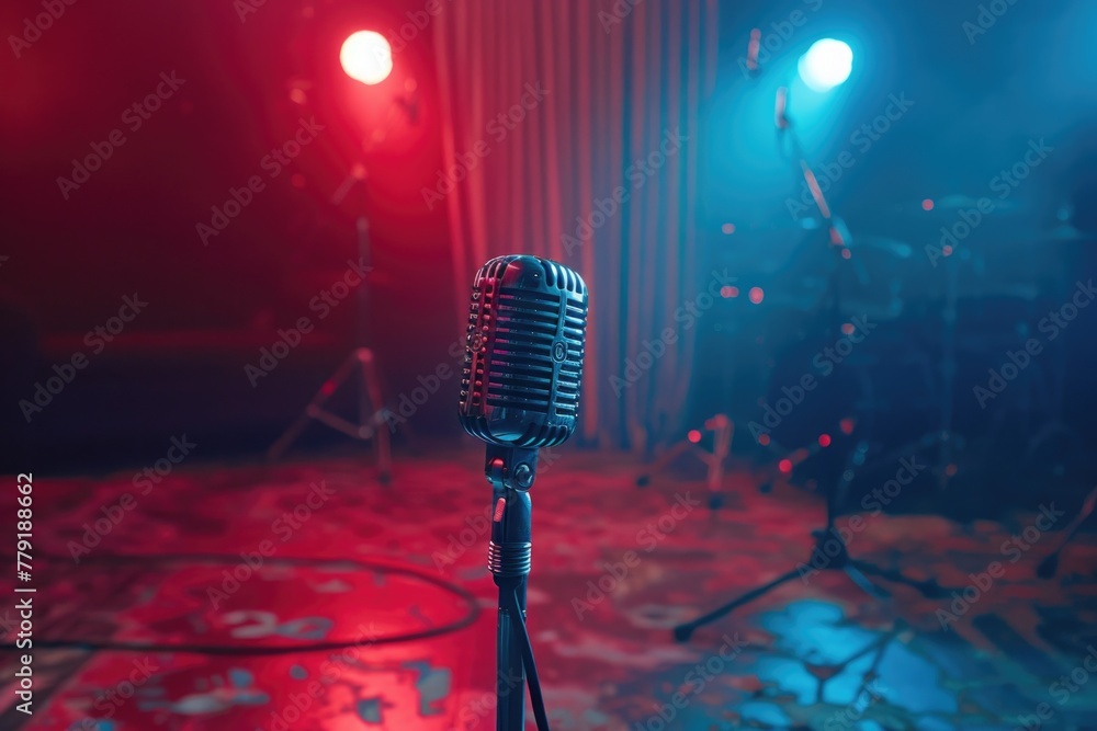 Poster a microphone on a stand in front of a stage. suitable for music events