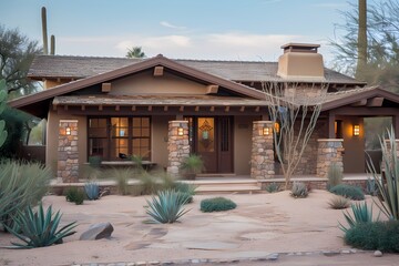A quaint craftsman cottage exterior adorned with warm sandy beige tones, reminiscent of a peaceful...