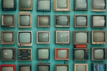 Collection of vintage televisions on a blue background. Ideal for retro technology concepts
