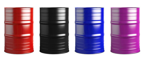Set of colored new oil barrels on a white and transparent background. PNG. Panorama.