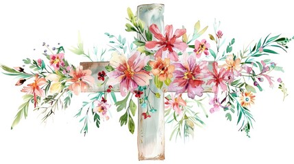 A beautiful watercolor painting of a cross adorned with flowers. Perfect for religious themes or Easter celebrations