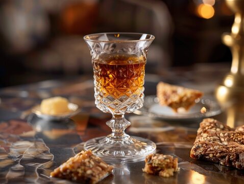 slender armudu glass, filled with fragrant tea, warms the soul with every sip, while the sweet and chewy rahat lokum delights the palate with its exotic flavors and delicate texture.