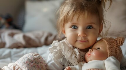 Fototapeta premium A young girl holding a doll on a bed. Ideal for family and childhood concepts