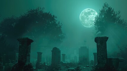 Full moon shining over a spooky cemetery, perfect for Halloween designs