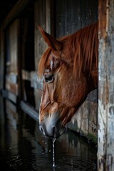 A brown horse quenching its thirst from a trough. Suitable for agricultural or animal welfare concepts - obrazy, fototapety, plakaty