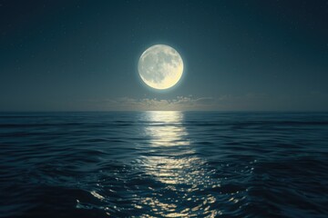 A stunning full moon shining over the dark ocean. Perfect for night scenes - obrazy, fototapety, plakaty