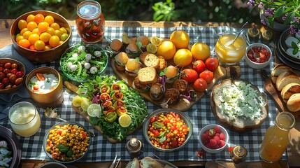 array of summer picnic delights: a gingham blanket adorned with a selection of gourmet sandwiches,...