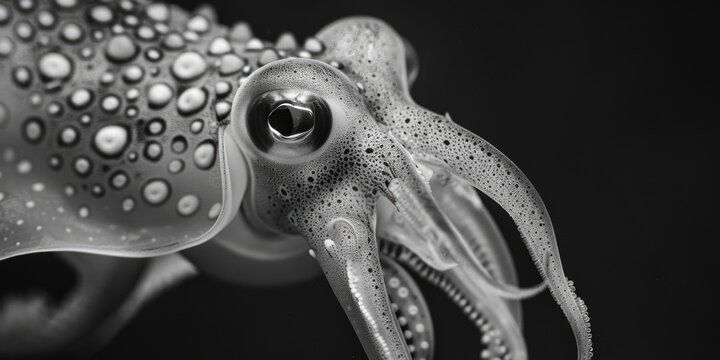 Black and white image of a squid underwater, suitable for marine themes