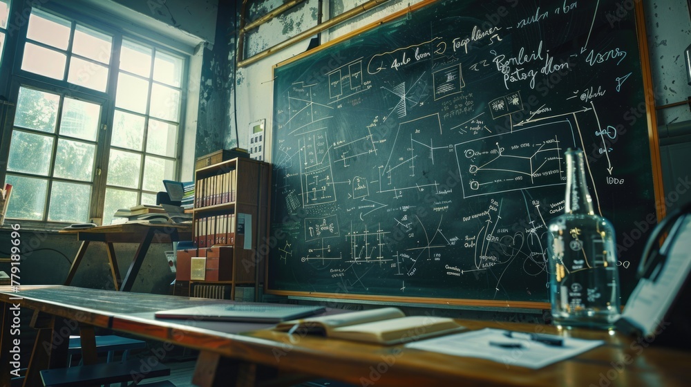 Poster a blackboard filled with various writings, suitable for educational concepts