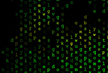 Dark green, yellow vector background with signs of alphabet.