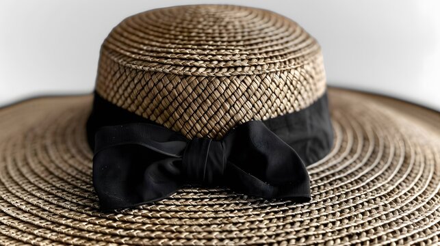a classic straw boater hat with a black ribbon band, elegantly displayed against a background of crisp white, evoking images of vintage seaside elegance and summertime sophistication