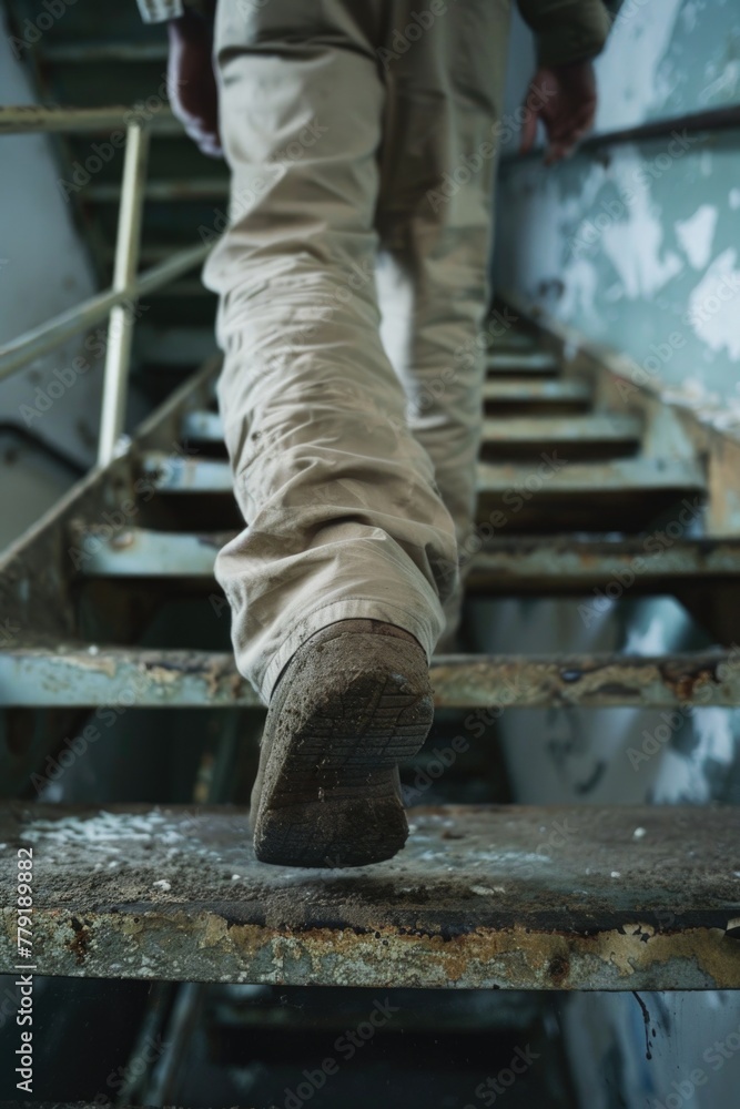 Poster A person walking up a set of stairs, suitable for various concepts