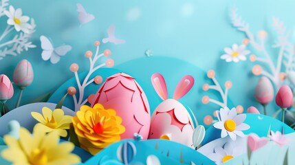 A paper cut Easter egg surrounded by flowers and butterflies. Suitable for Easter holiday designs
