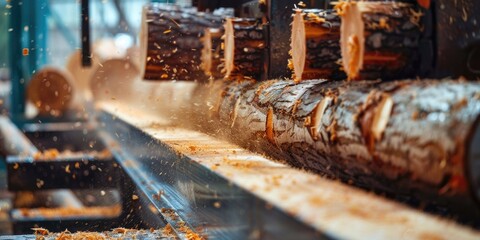 Machine cutting log in industrial factory, suitable for manufacturing concept